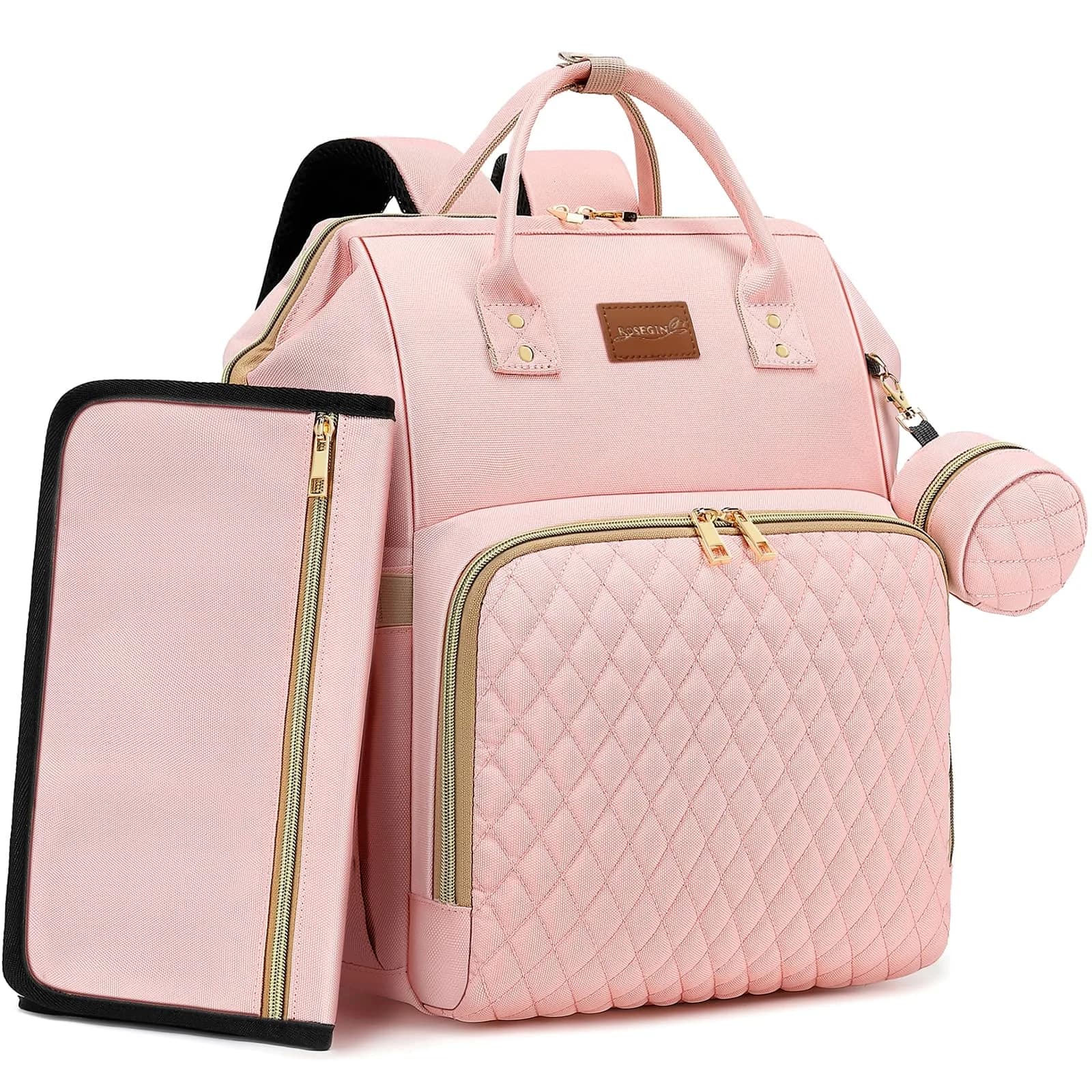 ROSEGIN Pink Diaper Bag Backpack 35L (1.6 lbs) | Quilted Baby Bag with Changing Pad & Stroller Straps