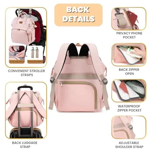 ROSEGIN Pink Diaper Bag Backpack 35L (1.6 lbs) | Quilted Baby Bag with Changing Pad & Stroller Straps thumbnail 4