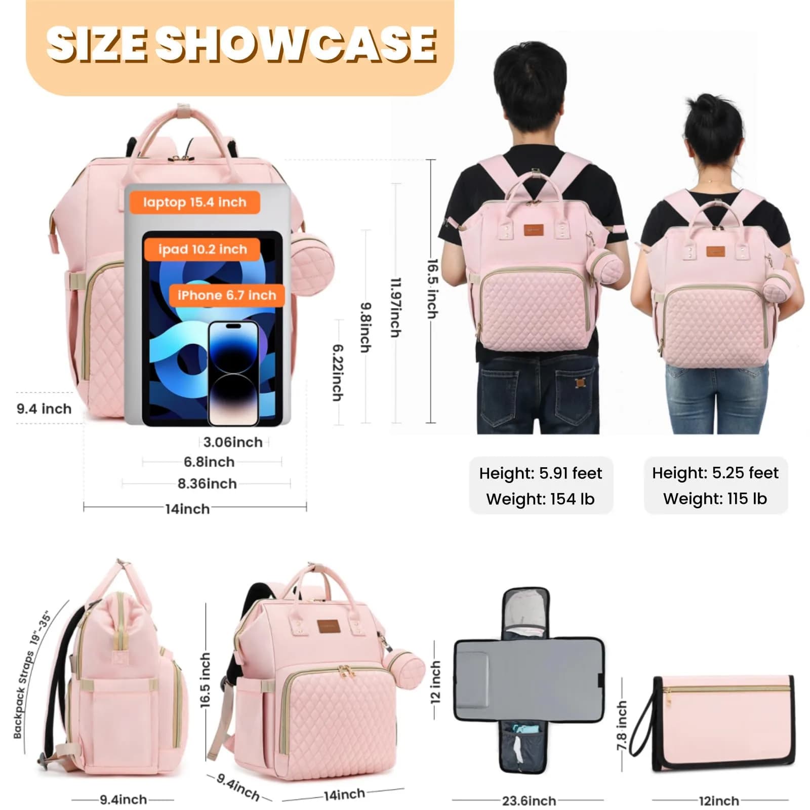 ROSEGIN Pink Diaper Bag Backpack 35L (1.6 lbs) | Quilted Baby Bag with Changing Pad & Stroller Straps - view 6