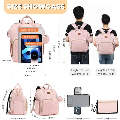 ROSEGIN Pink Diaper Bag Backpack 35L (1.6 lbs) | Quilted Baby Bag with Changing Pad & Stroller Straps thumbnail 6