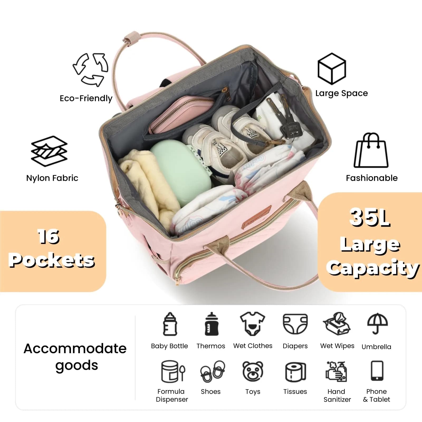 ROSEGIN Pink Diaper Bag Backpack 35L (1.6 lbs) | Quilted Baby Bag with Changing Pad & Stroller Straps - view 2