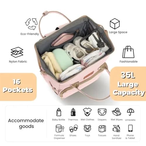 ROSEGIN Pink Diaper Bag Backpack 35L (1.6 lbs) | Quilted Baby Bag with Changing Pad & Stroller Straps thumbnail 2