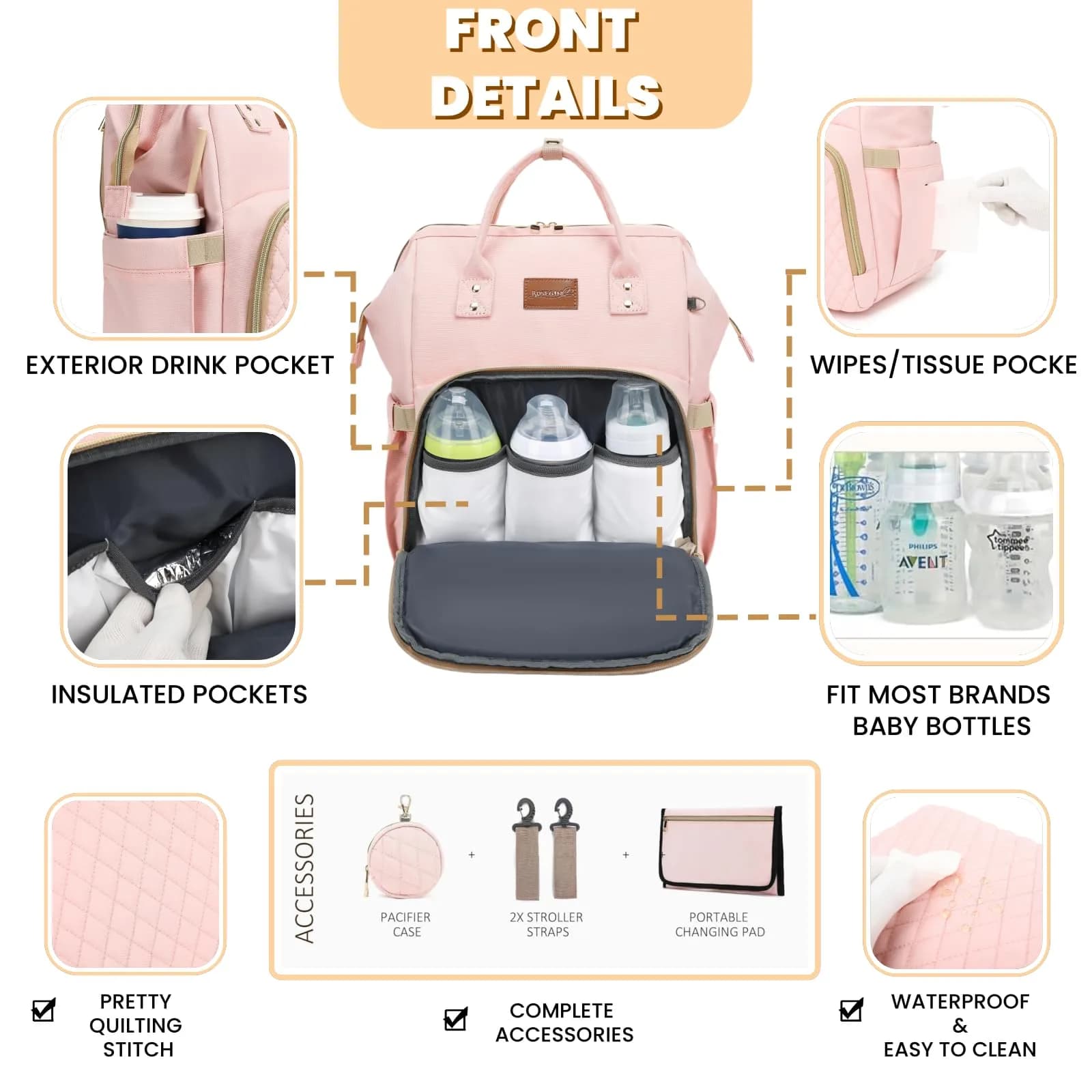 ROSEGIN Pink Diaper Bag Backpack 35L (1.6 lbs) | Quilted Baby Bag with Changing Pad & Stroller Straps - view 3