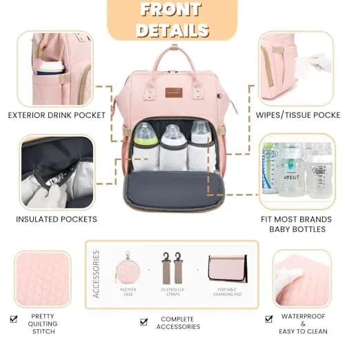 ROSEGIN Pink Diaper Bag Backpack 35L (1.6 lbs) | Quilted Baby Bag with Changing Pad & Stroller Straps thumbnail 3