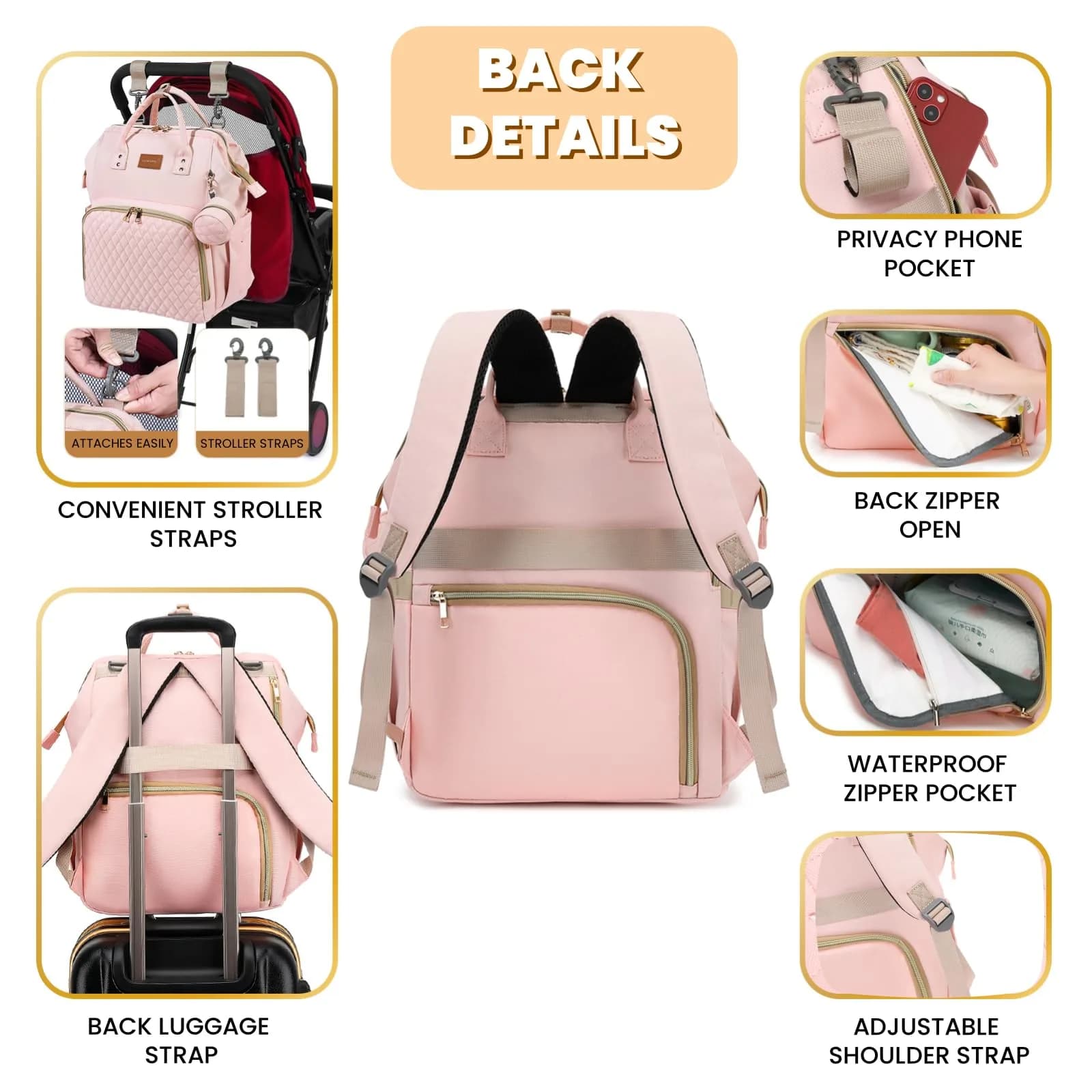 ROSEGIN Pink Diaper Bag Backpack 35L (1.6 lbs) | Quilted Baby Bag with Changing Pad & Stroller Straps - view 4
