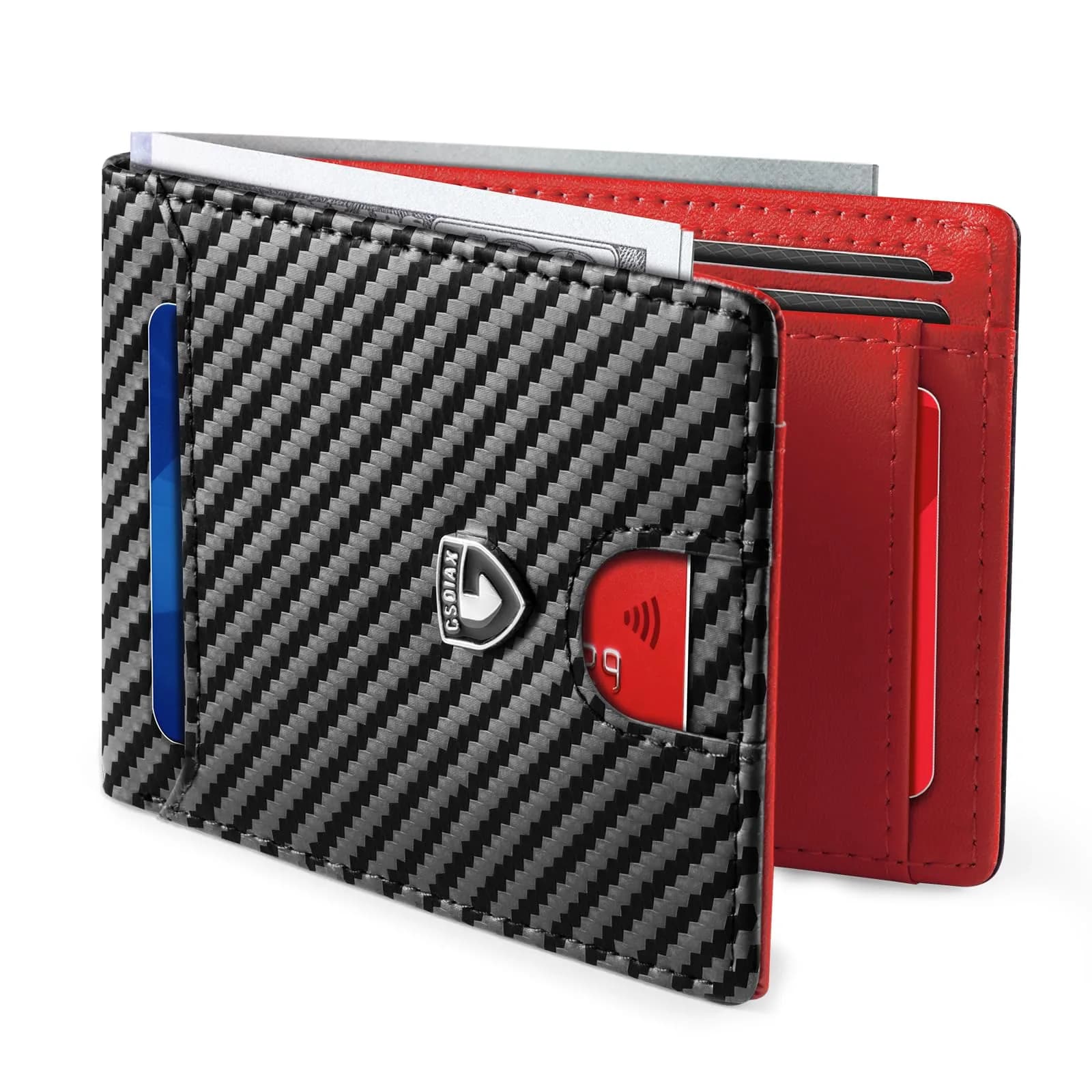 GSOIAX Slim Wallet for Men RFID Blocking Bifold Wallet Carbon Fiber Front Pocket Wallet with 11 Card Holder Minimalist Mens Wallet with Gift Box (Carbon Black and Red) — Carbon Black and Red