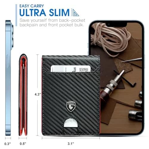 GSOIAX Slim Wallet for Men RFID Blocking Bifold Wallet Carbon Fiber Front Pocket Wallet with 11 Card Holder Minimalist Mens Wallet with Gift Box (Carbon Black and Red) thumbnail 4