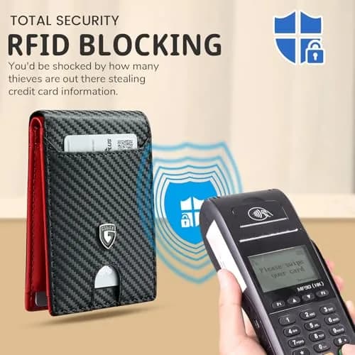 GSOIAX Slim Wallet for Men RFID Blocking Bifold Wallet Carbon Fiber Front Pocket Wallet with 11 Card Holder Minimalist Mens Wallet with Gift Box (Carbon Black and Red) thumbnail 7