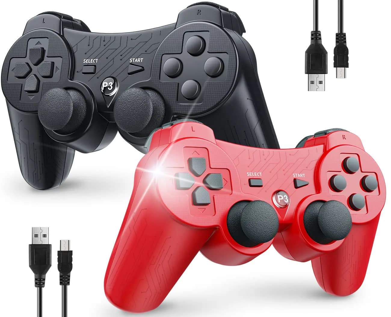 OKHAHA Wireless Controller for PS3 2 Pack | Double Shock & Motion Sensor, Bluetooth, Rechargeable, Ergonomic (Black + Red)