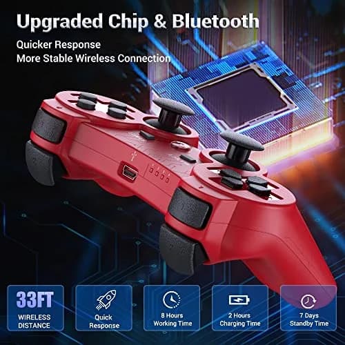 OKHAHA Wireless Controller for PS3 2 Pack | Double Shock & Motion Sensor, Bluetooth, Rechargeable, Ergonomic (Black + Red) thumbnail 5