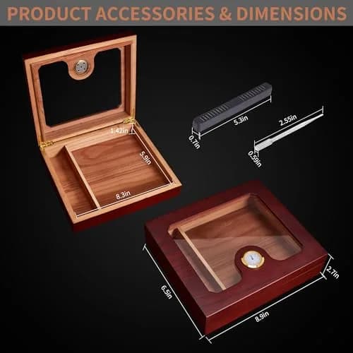 Somduy Cedar Wood Cigar Humidor for 30-50 Cigars with Humidifier & Hygrometer | Glass Top Desktop Case thumbnail 4