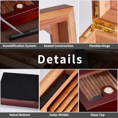 Somduy Cedar Wood Cigar Humidor for 30-50 Cigars with Humidifier & Hygrometer | Glass Top Desktop Case thumbnail 6