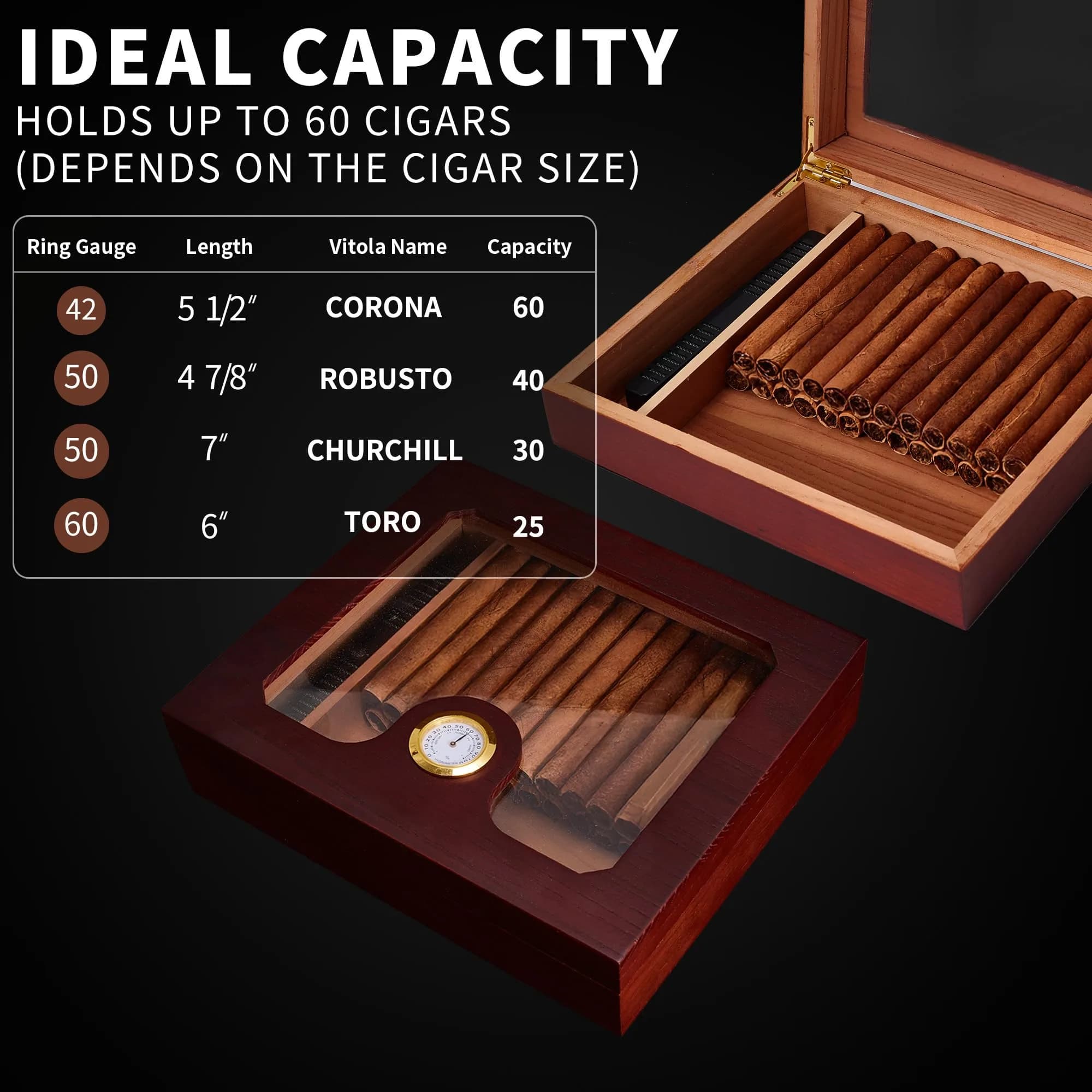 Somduy Cedar Wood Cigar Humidor for 30-50 Cigars with Humidifier & Hygrometer | Glass Top Desktop Case - view 2