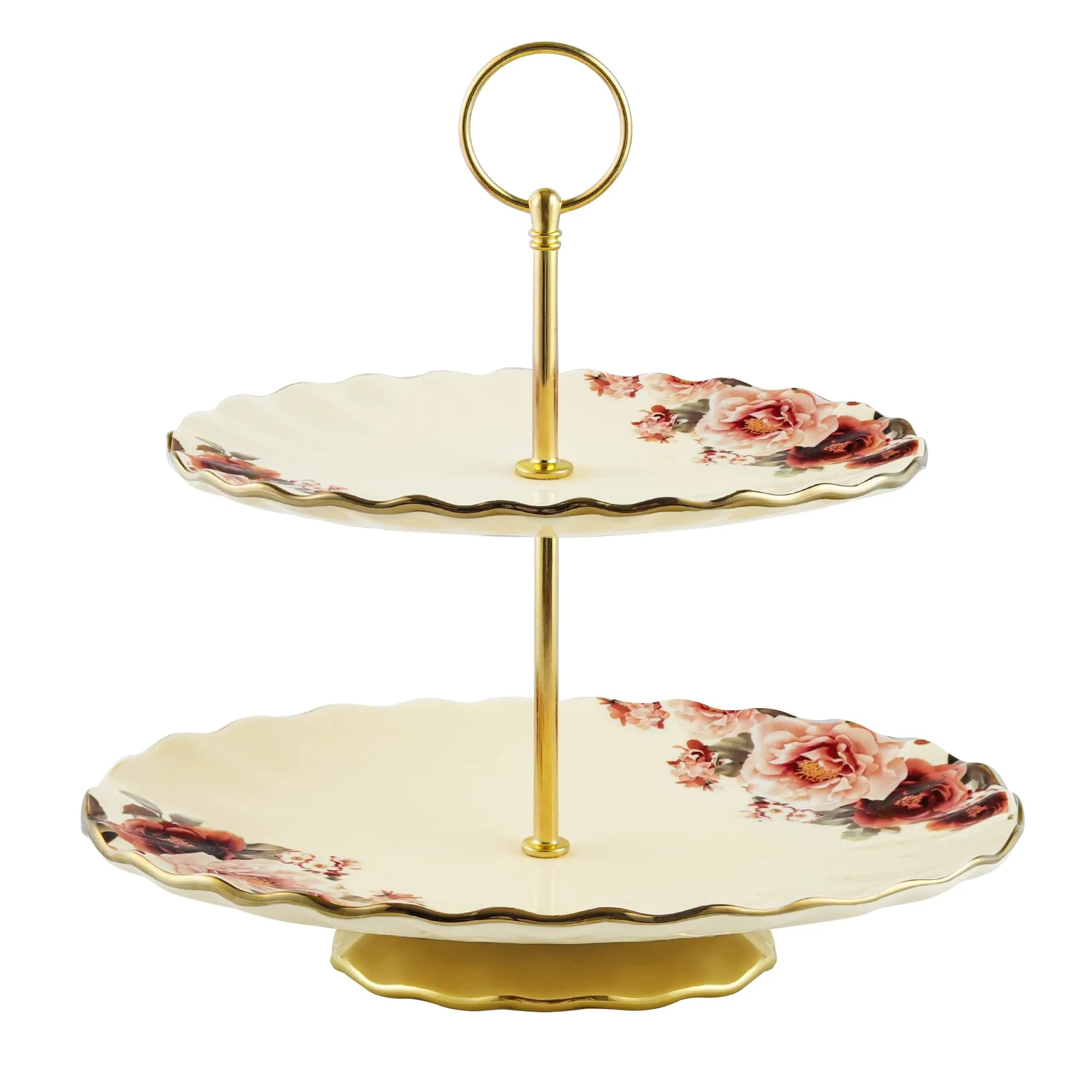 fanquare 2 Tier Vintage Floral White Porcelain Cupcake Stand | Elegant Serveware for Parties & Events — Gold cupcake stand
