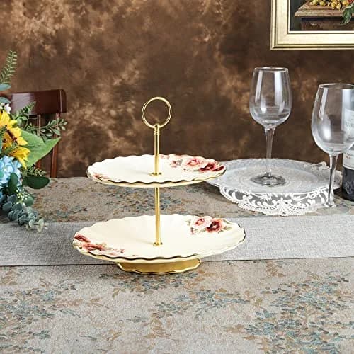 fanquare 2 Tier Vintage Floral White Porcelain Cupcake Stand | Elegant Serveware for Parties & Events thumbnail 2