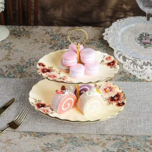 fanquare 2 Tier Vintage Floral White Porcelain Cupcake Stand | Elegant Serveware for Parties & Events thumbnail 3
