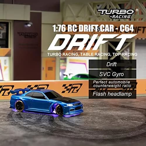 FLYCOLOR C64 Drift RC Car 1:76 Scale | Proportional Steering, 30 Min Play, Blue thumbnail 2