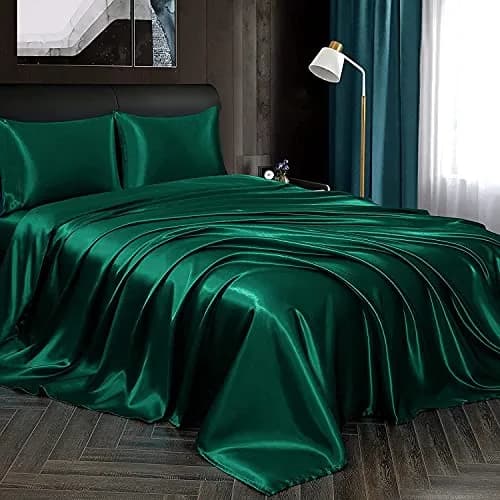 Homiest Blackish Green Satin Flat Sheet Twin | Silky, Wrinkle-Resistant, 100% Polyester thumbnail 5