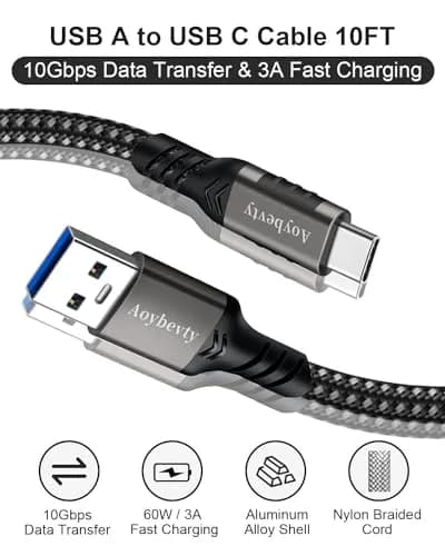Aoybevty USB A to USB C Cable 10FT (3.05m), 10Gbps Data Transfer & 60W Fast Charging | Grey thumbnail 2