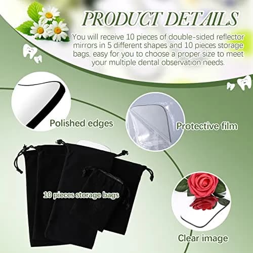 Frienda 10Pcs Dental Photography Intraoral Mirror Set | 5 Shapes, Double-Sided Glass Reflectors for Teeth Photos, with 10 Drawstring Bags for Dentist Clinic or Home Oral Check thumbnail 3