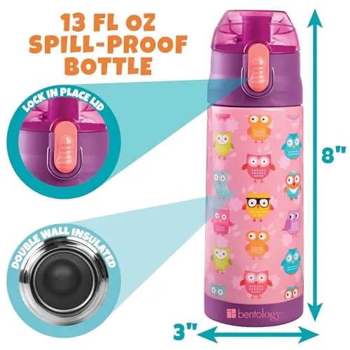 Bentology Owl Kids Insulated Lunch Bag Set with Water Bottle and Ice Pack, 10 x 8 x 3.5 inches (25.4 x 20.3 x 8.9 cm) thumbnail 4