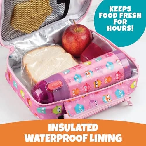 Bentology Owl Kids Insulated Lunch Bag Set with Water Bottle and Ice Pack, 10 x 8 x 3.5 inches (25.4 x 20.3 x 8.9 cm) thumbnail 2