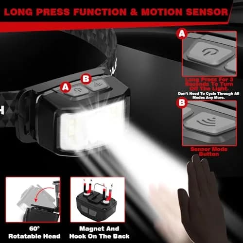 KIDECCE Headlamp Rechargeable 2000 Lumens | 16 Modes, IPX6 Waterproof, Lightweight, 2 Pack thumbnail 4