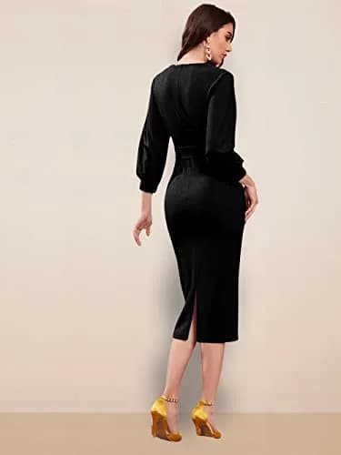 rosery paris Women V Neck Fulls Sleeve Formal Knee-Length Dress | Black Floral Western Office Wear thumbnail 3
