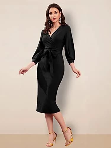 rosery paris Women V Neck Full Sleeve Formal Knee-Length Dress | Black Floral Western Style (70-120 chars) thumbnail 5
