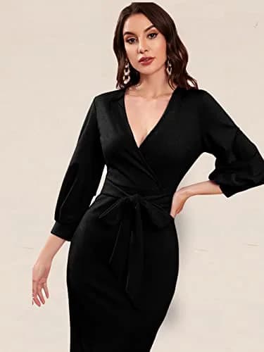rosery paris Women V Neck Full Sleeve Formal Knee-Length Dress | Black Floral Western Style (70-120 chars) thumbnail 6