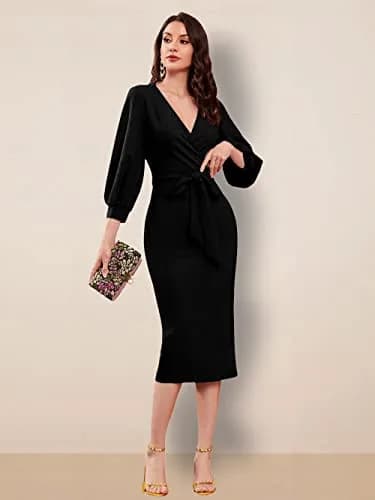 rosery paris Women V Neck Full Sleeve Formal Knee-Length Dress | Black Floral Western Style (70-120 chars) thumbnail 2