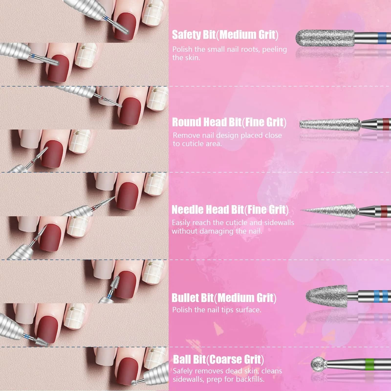 Depvko 21Pcs Nail Drill Bits Set 3/32 Inch with Portable Pink Case | Professional Manicure Tool Kit - view 5