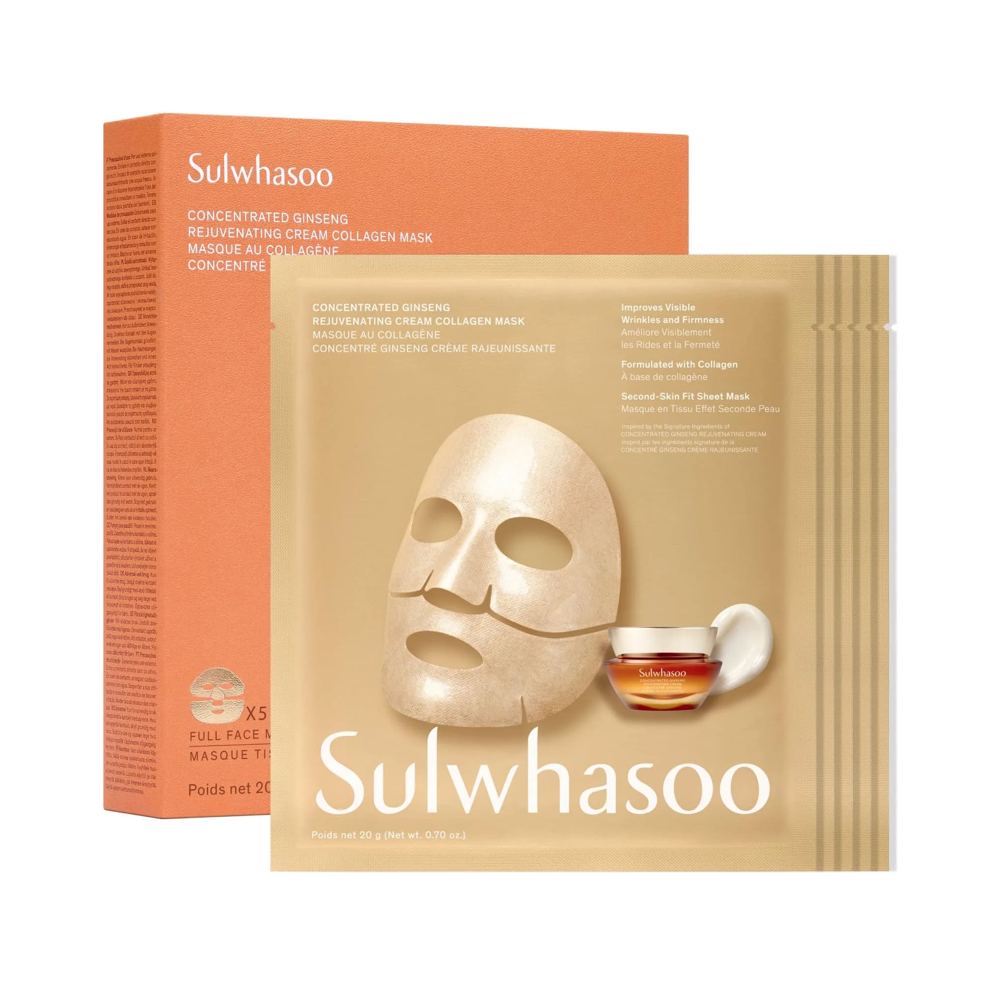 Sulwhasoo Concentrated Ginseng Rejuvenating Cream Collagen Mask 5 Pack | Visibly Smooth Fine Lines & Reinforce Skin Resilience — Clear