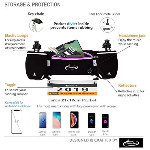 AiRunTech Hydration Running Belt with Bottles Zero Bounce Design for Running, Triathlon, Marathon, 10K, 5K, Trail Fit for Most Smartphones(2 * 300ml / 10OZ Bottle) thumbnail 5