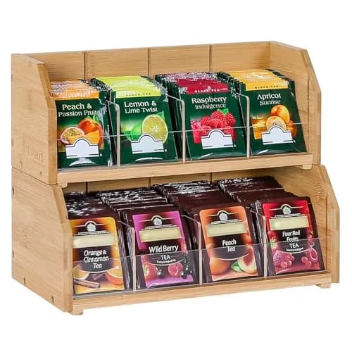 TIOPGHAD 2-Layer Stackable Bamboo Tea Bag Organizer Holder 32cm (12.2in) | Holds 150 Tea Bags — Natural