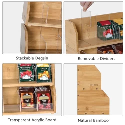 TIOPGHAD 2-Layer Stackable Bamboo Tea Bag Organizer Holder 32cm (12.2in) | Holds 150 Tea Bags thumbnail 5