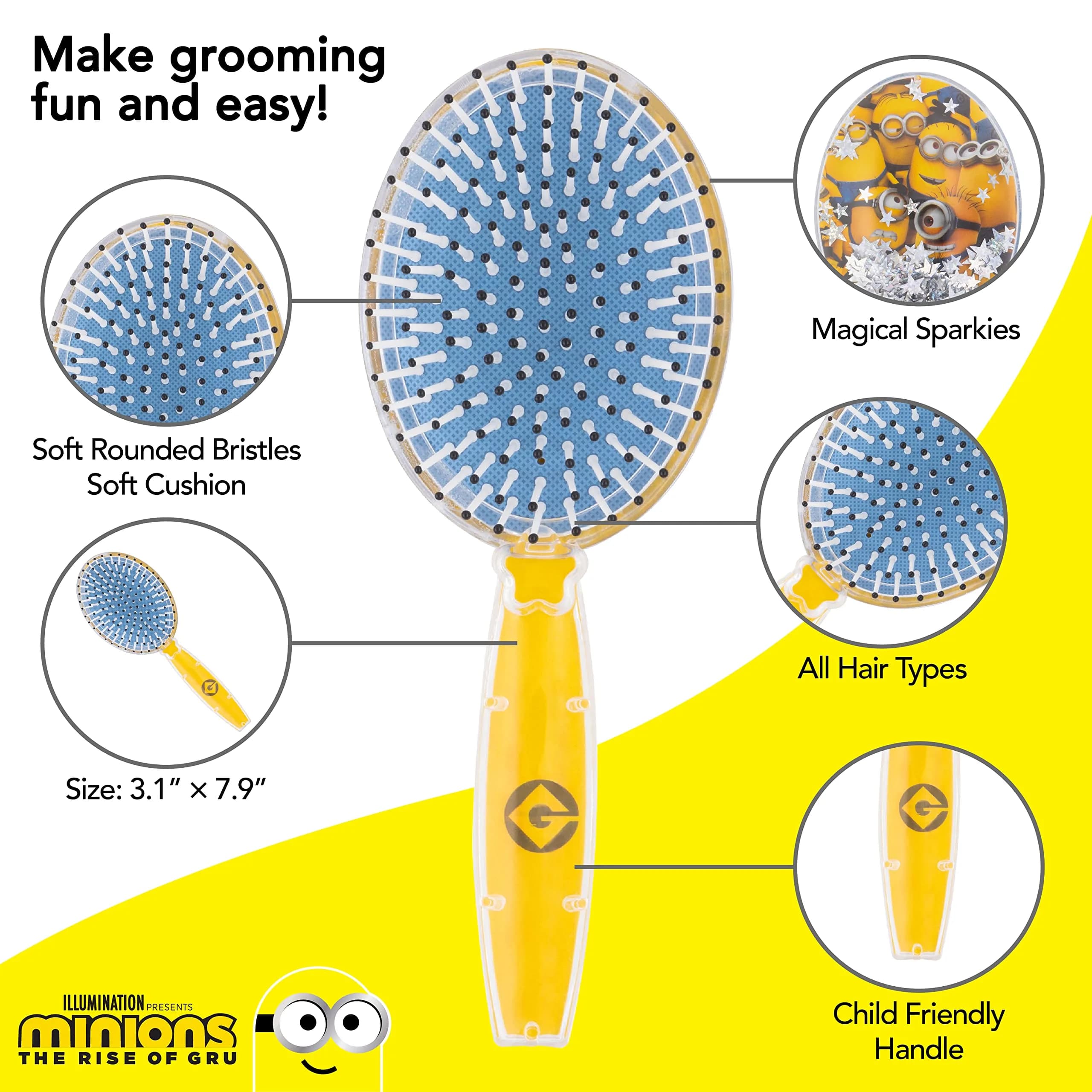 LUV HER Minions Kids Hair Brush with Sparkling Stars Confetti - Ages 3+ | Gentle Detangling for All Hair Types - view 3