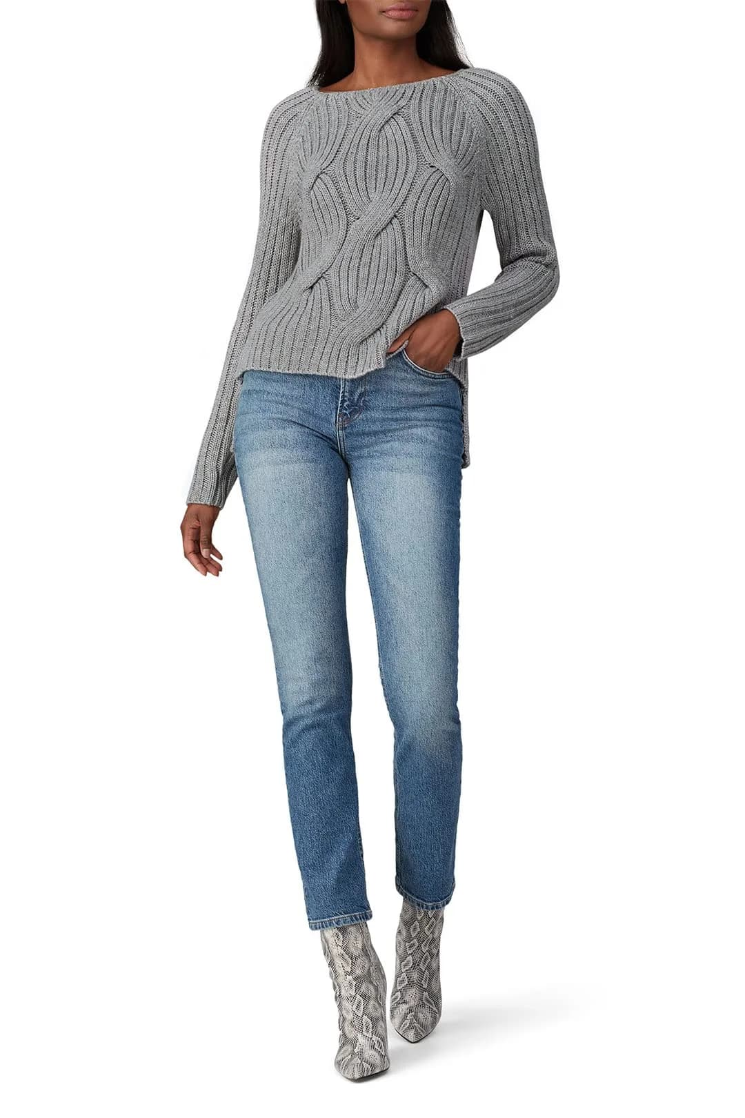 KF/KaufmanFranco Collective Grey Cable Knit Sweater | Relaxed Fit, Acrylic & Cotton, Small — Grey