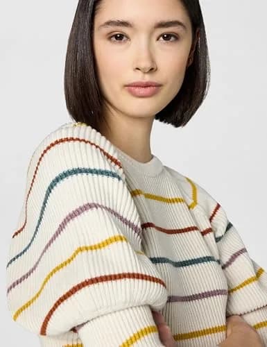 Saylor Puff Sleeve Striped Sweater, White, Large | Cozy Knit Statement Piece thumbnail 4