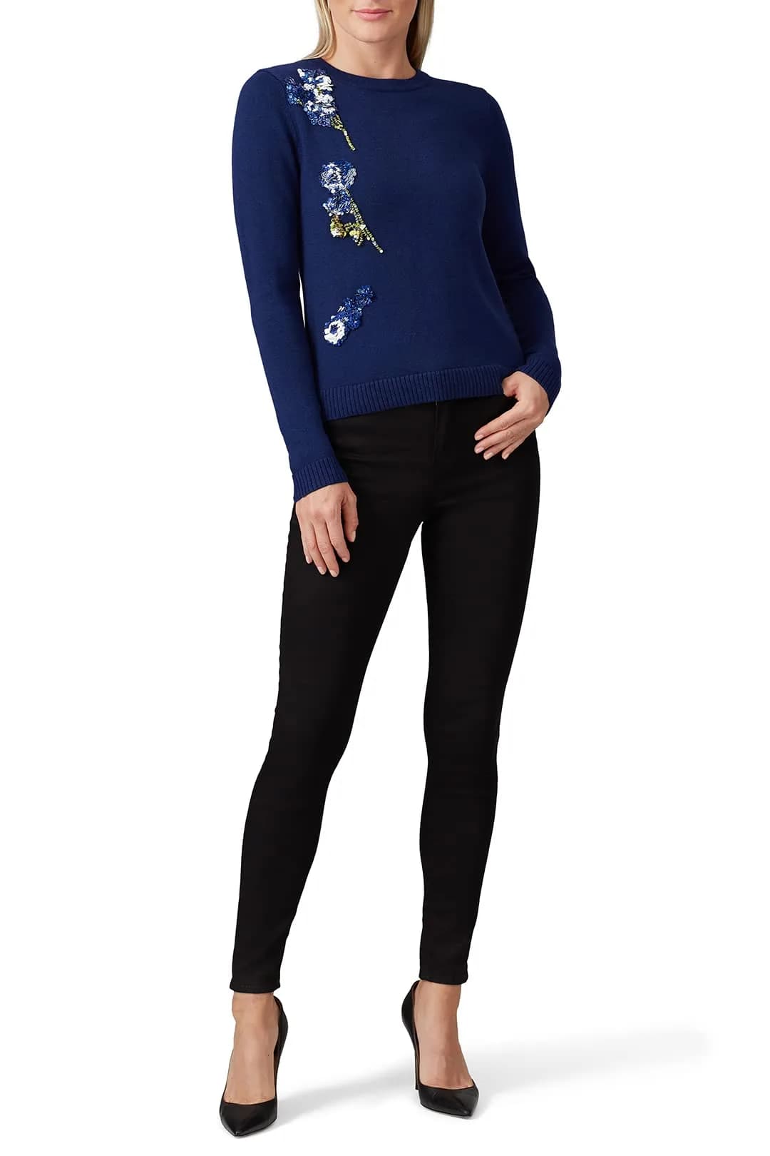 Prabal Gurung Collective Applique Sweater Navy Large | Floral Luxe Texture