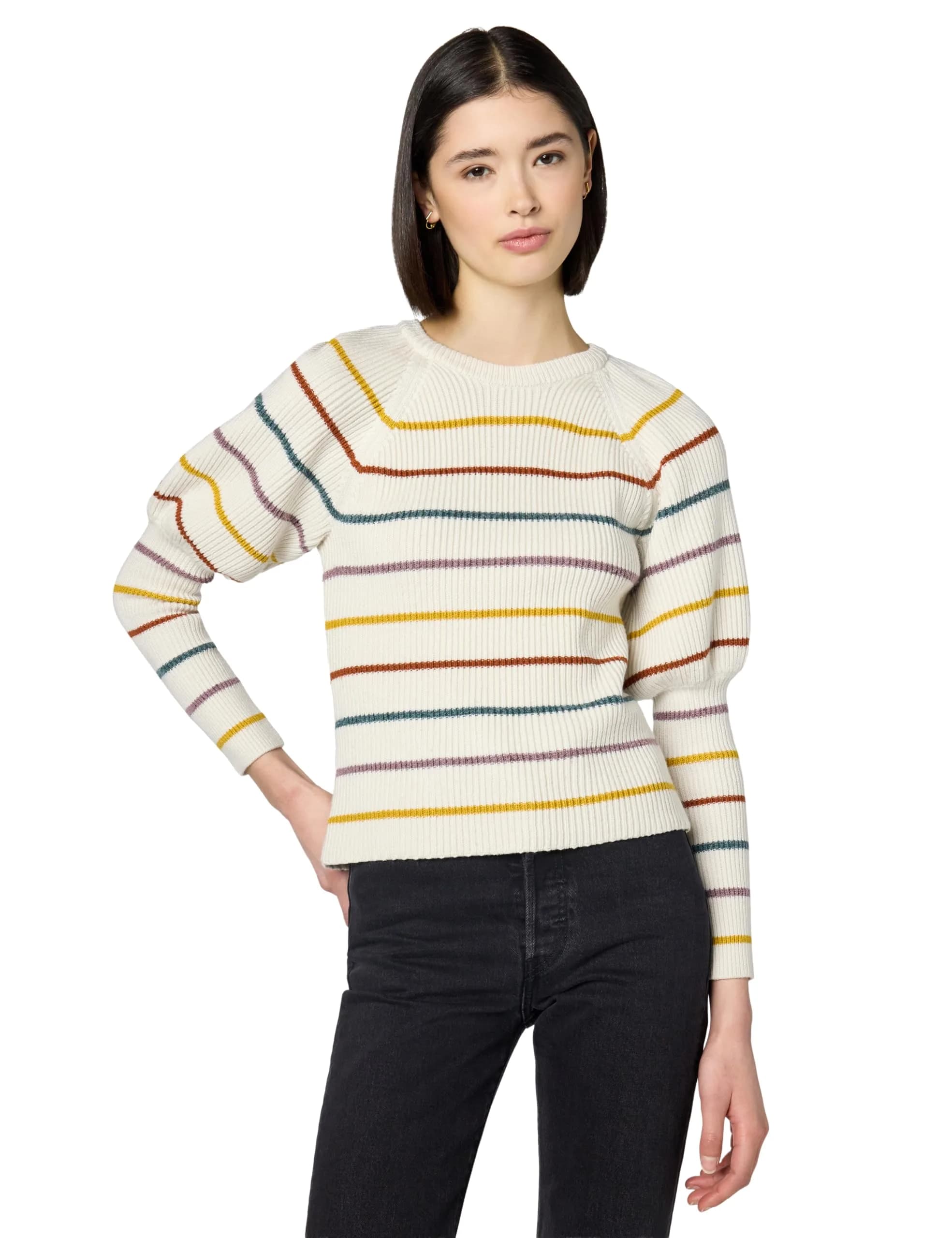 Saylor Puff Sleeve Striped Sweater, White, Large | Cozy Knit Statement Piece — Medium