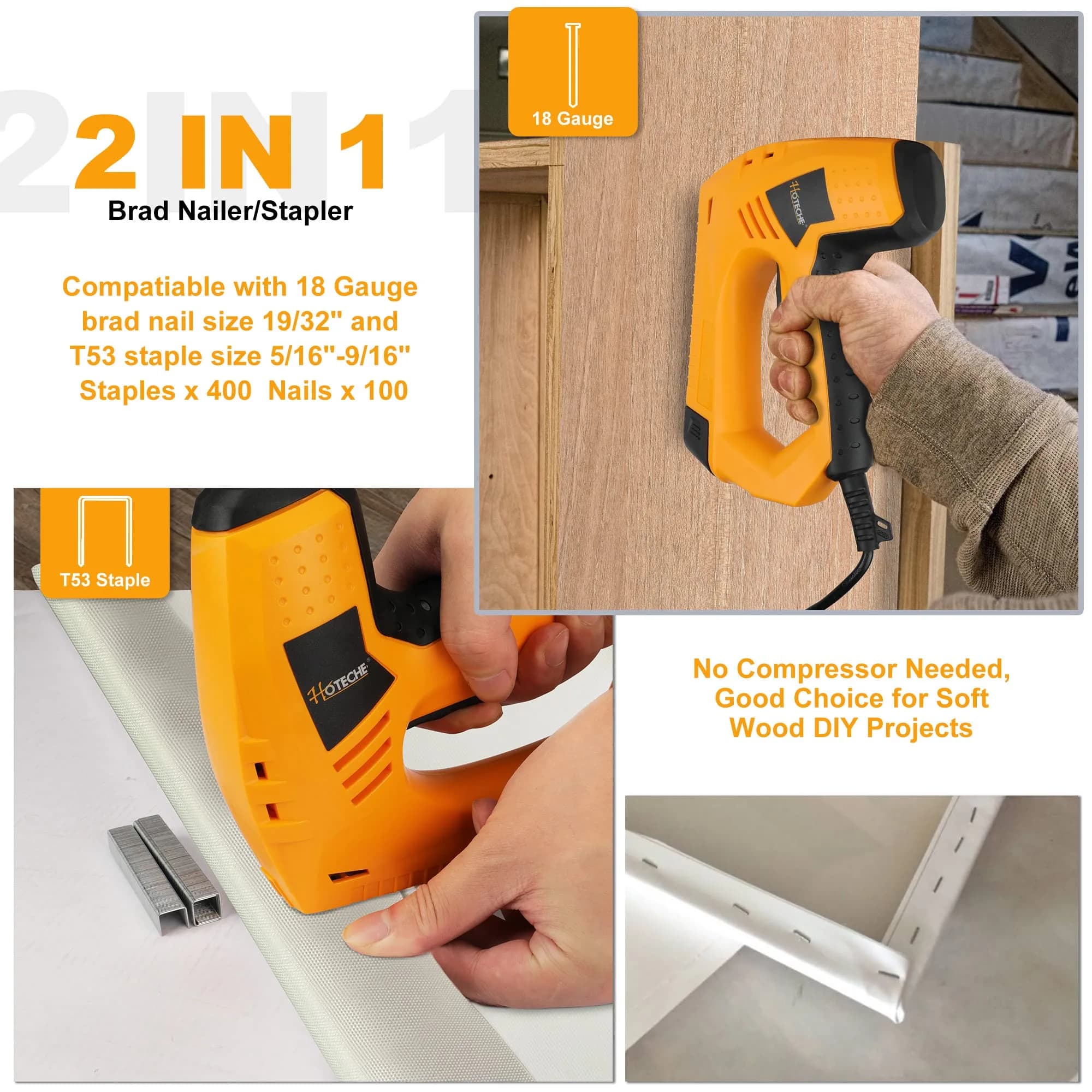 Hoteche Electric Brad Nailer & Stapler - 2-in-1 Power Tool for Woodworking & Upholstery, 15mm Brad Nails & 8-14mm Staples - view 5