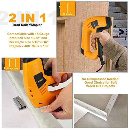 Hoteche Electric Brad Nailer & Stapler - 2-in-1 Power Tool for Woodworking & Upholstery, 15mm Brad Nails & 8-14mm Staples thumbnail 5