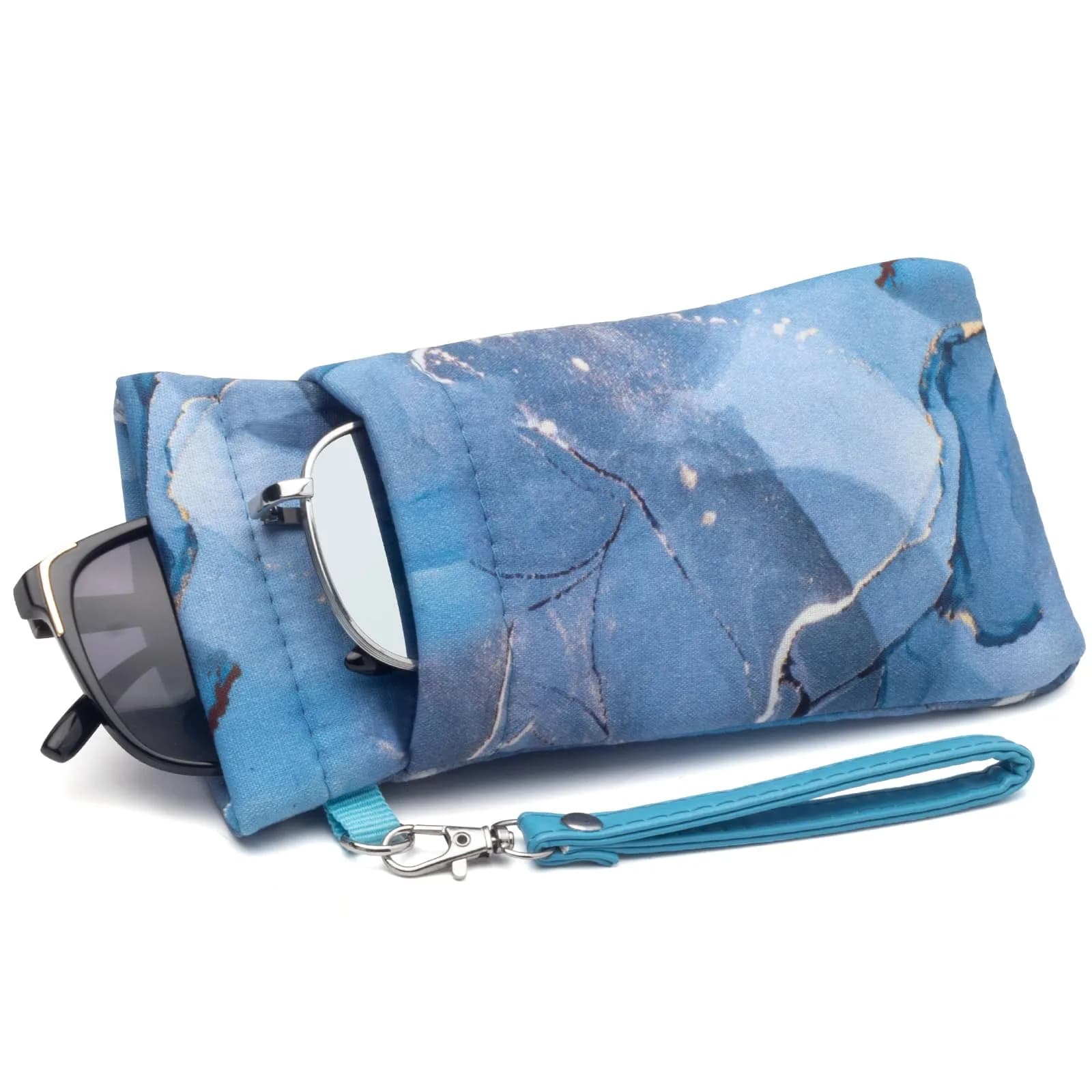 Face Shadow Blue Aurora Large Double Eyeglass Pouch with Squeeze Top and Microfiber Cloth - Holds Two Pairs - main product image