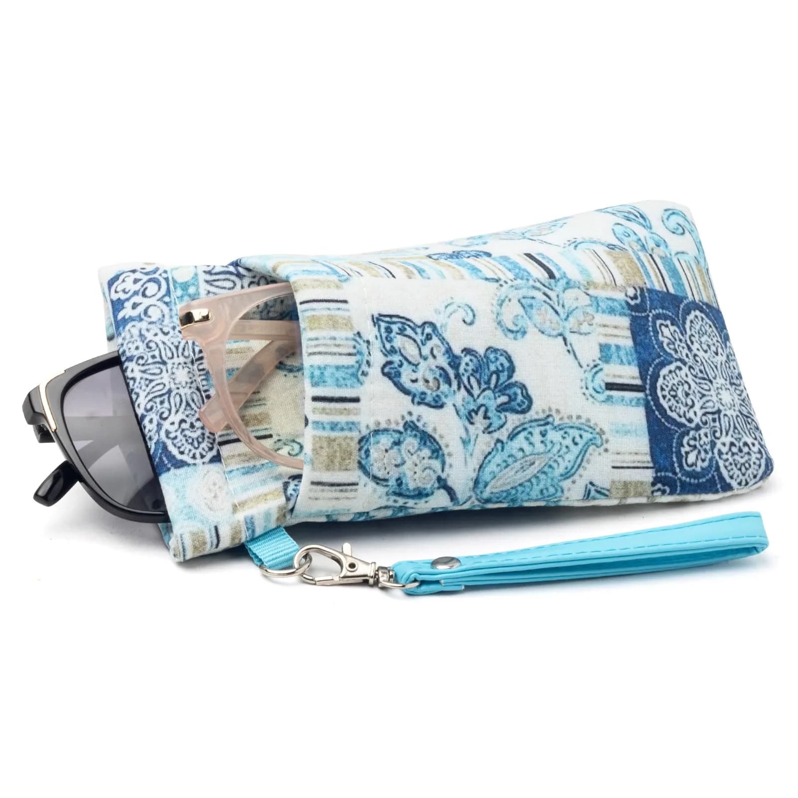 Face Shadow Blue Plant Double Glasses Case with Wrist Strap | Soft Eyeglass Case for Women & Men - main product image