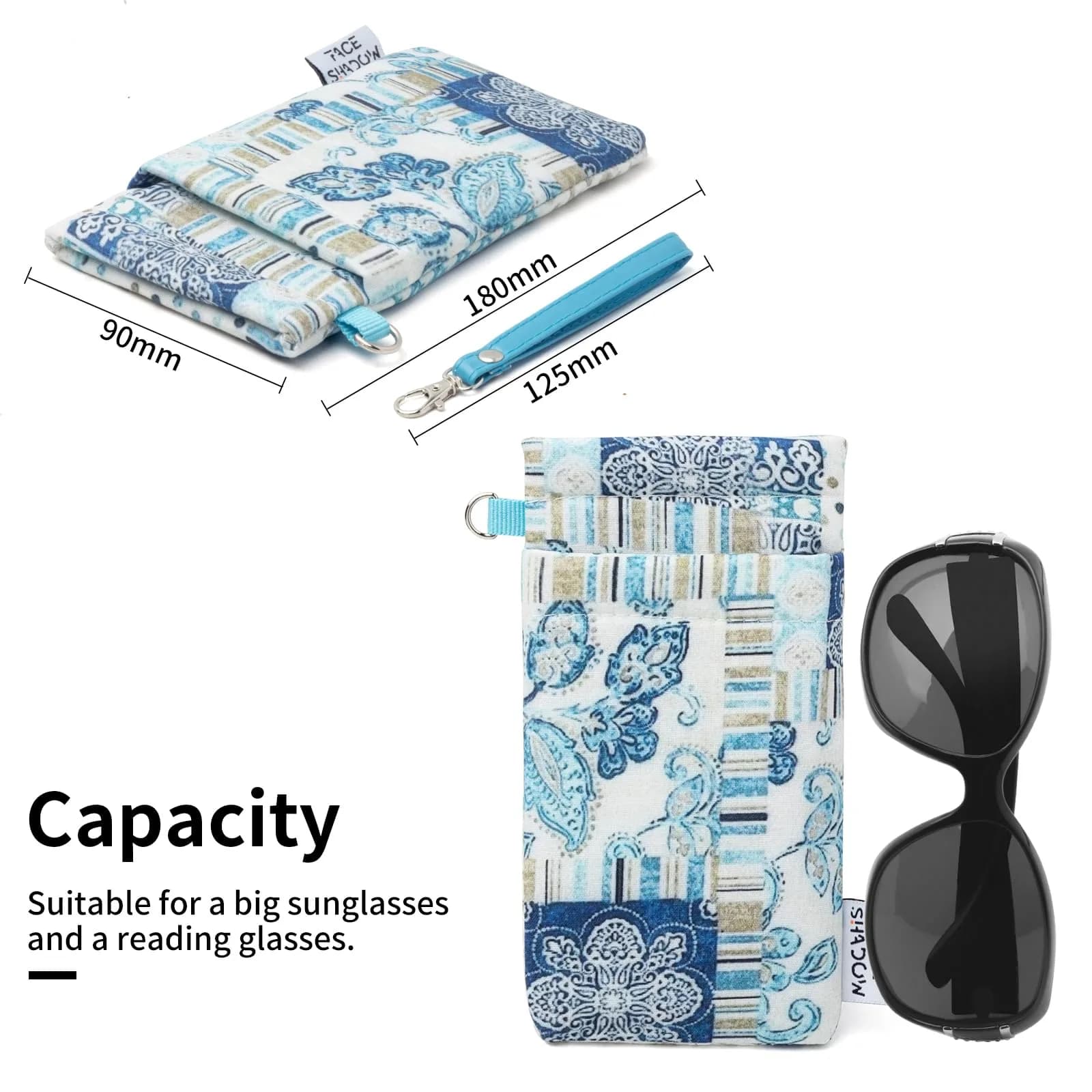 Face Shadow Blue Plant Double Glasses Case with Wrist Strap | Soft Eyeglass Case for Women & Men - view 3