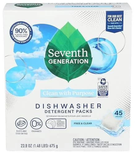 Seventh Generation Free & Clear Dishwasher Detergent Packs 45 Count | USDA Certified Biobased Product thumbnail 1