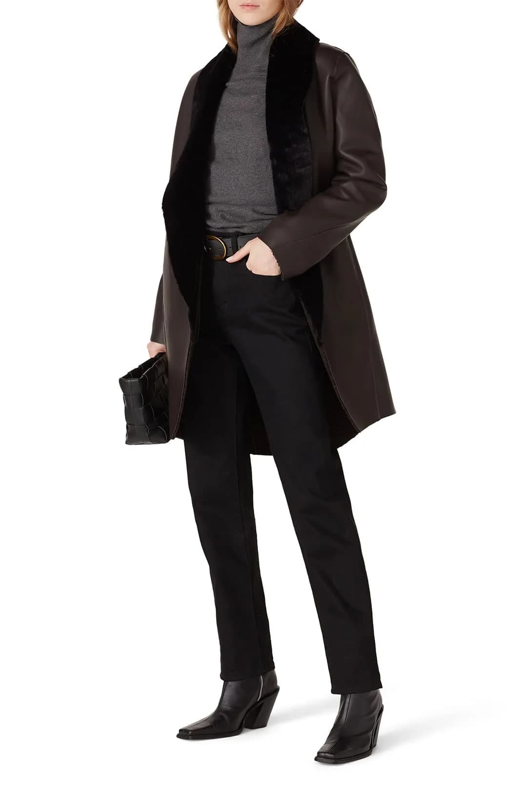 Victor Alfaro Collective Brown Faux Leather Coat Medium | Plush Shawl Collar, Fitted Fit, Fall Season - main product image