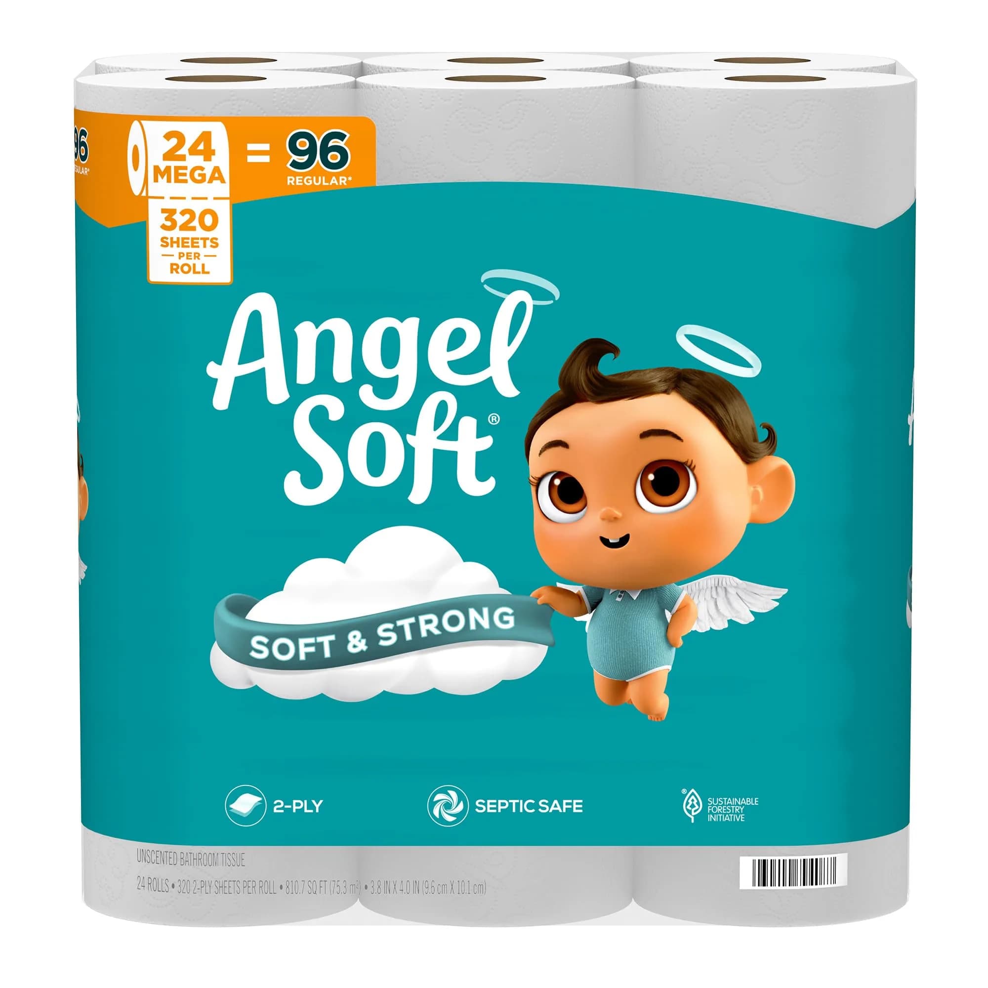 Angel Soft Toilet Paper, 24 Mega Rolls (7680 Sheets Total) | Soft & Strong 2-Ply Tissue - main product image