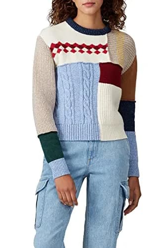 ALEXACHUNG Wool Patchwork Sweater | Crew Neck, Small, Multicolored, Fitted thumbnail 3